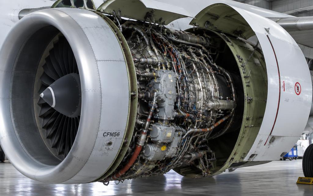 CFM56 with fan cowls open — accessory gearbox, pipes and harnesses
