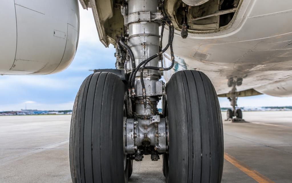 Main gear — twin wheels, carbon brakes, oleo strut and hydraulic lines