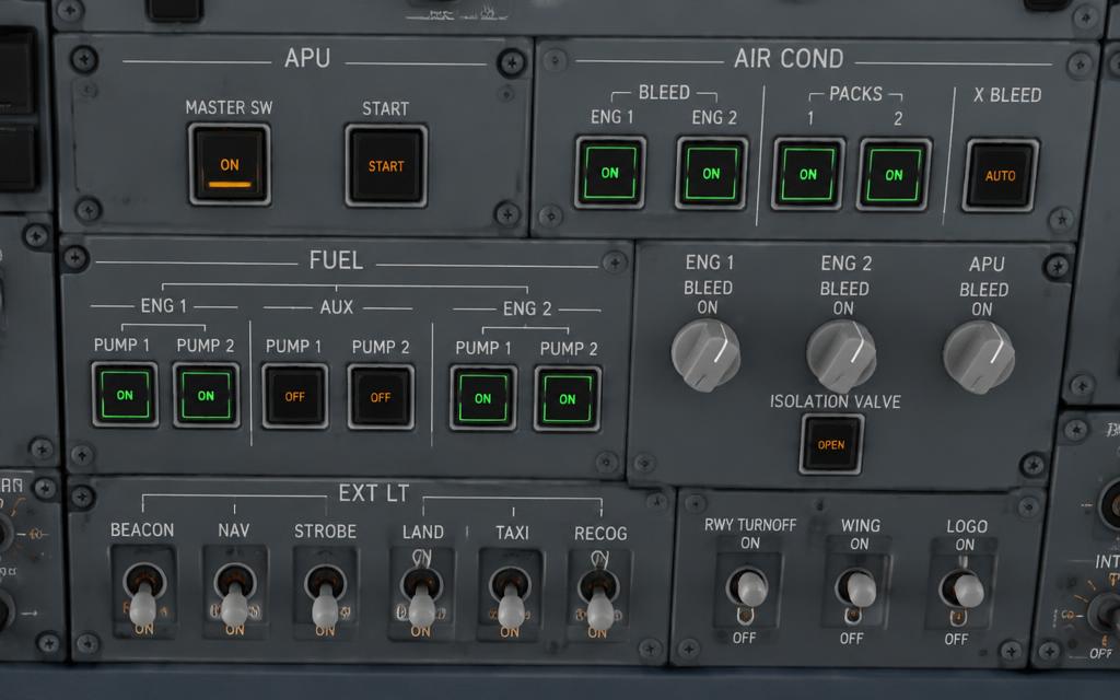 Overhead panel: APU, AIR COND, FUEL, EXT LT