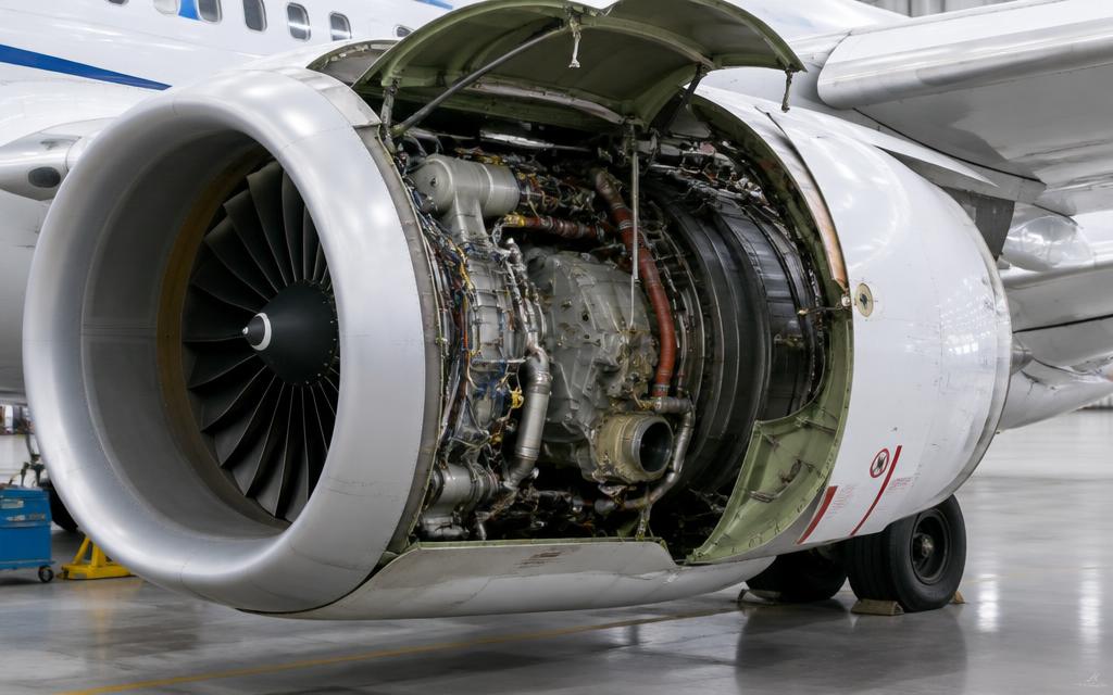 CFM56-7 with fan cowl open — note the flattened lower nacelle