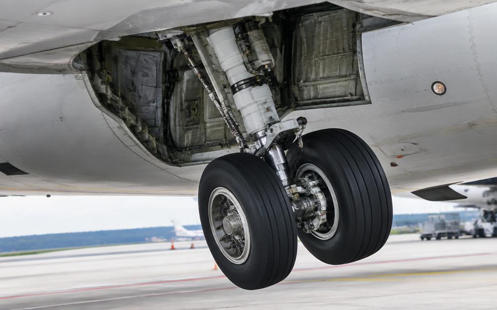 Main gear and open wheel well (no main gear doors on the 737)