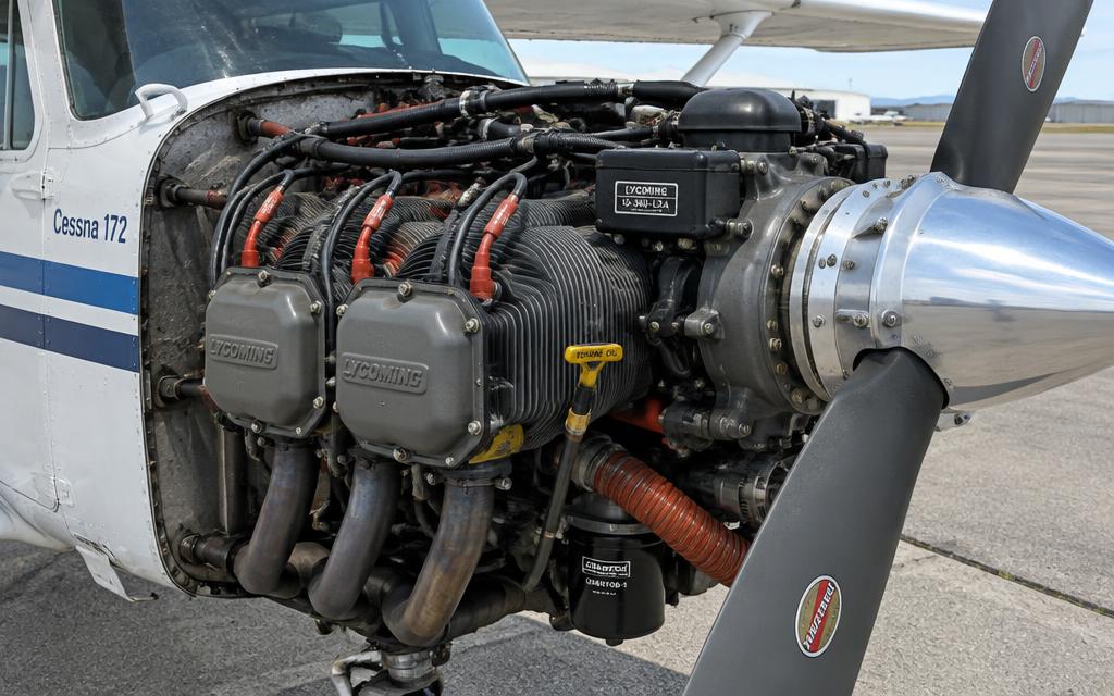 Lycoming IO-360 with cowling open — cylinders, ignition leads, oil dipstick, propeller hub
