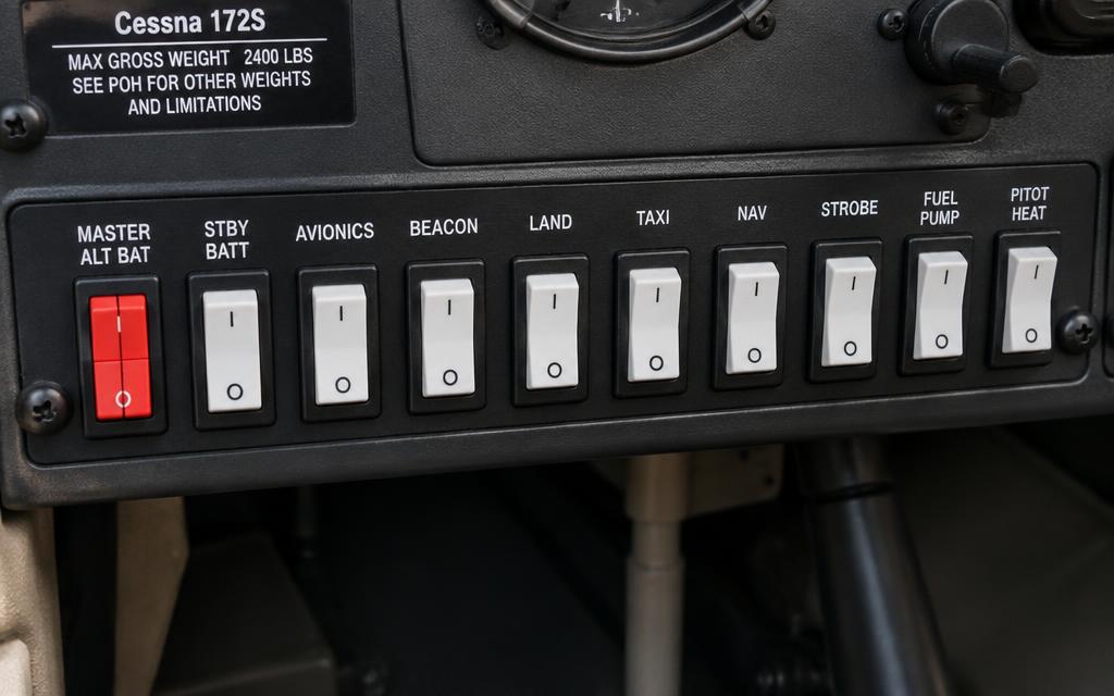Switch panel: MASTER, STBY BATT, AVIONICS, lights, FUEL PUMP, PITOT HEAT