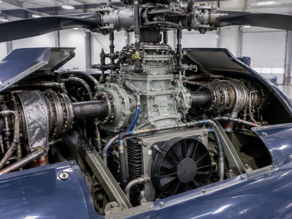 Main gearbox with oil cooler fan and engine input shafts