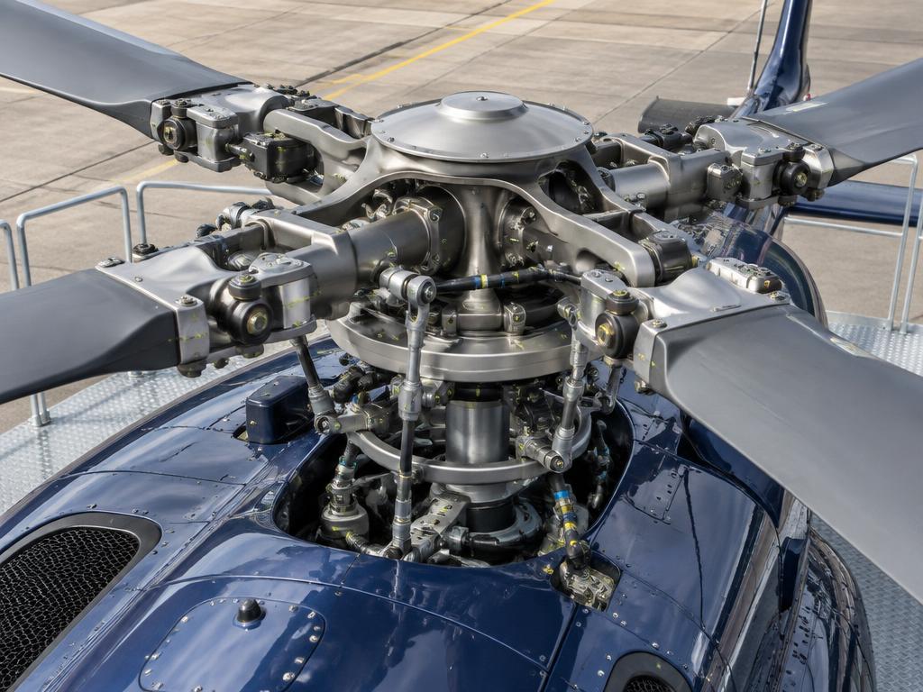 Hingeless main rotor head, pitch links and swashplate
